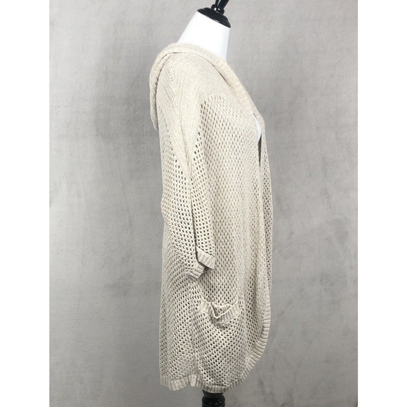 EDDIE BAUER Linen Cotton Open Cardigan Sweater Sz M Oatmeal Knit Pockets Hooded - Picture 3 of 12